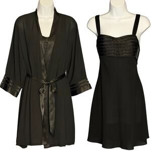 Jones NY Black Satin Trim Chemise & Robe Lingerie Set Sz M Sheer Pleated Bodice